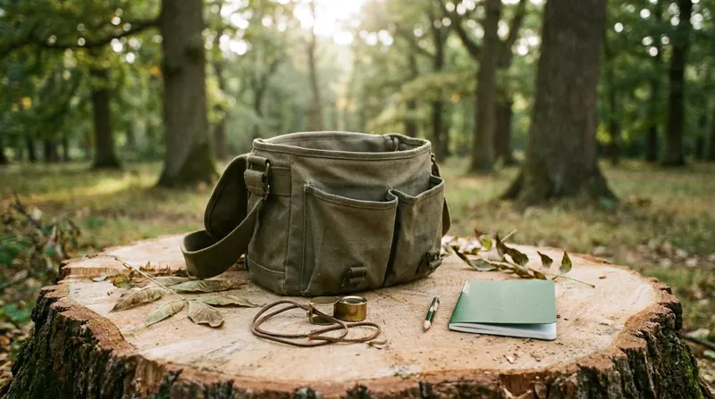 Canvas field bag, brass hand lens and a pocket notebook on a split ash stump in a clearing