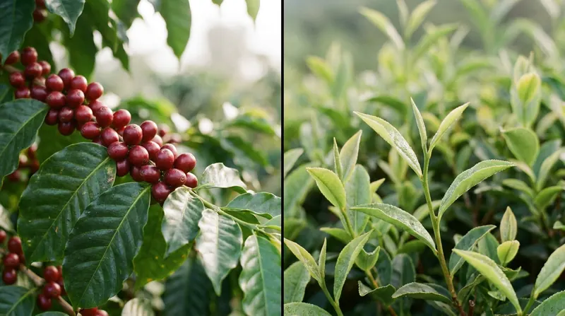 Red coffee cherries on the branch beside fresh tea leaves on the bush, split down the middle
