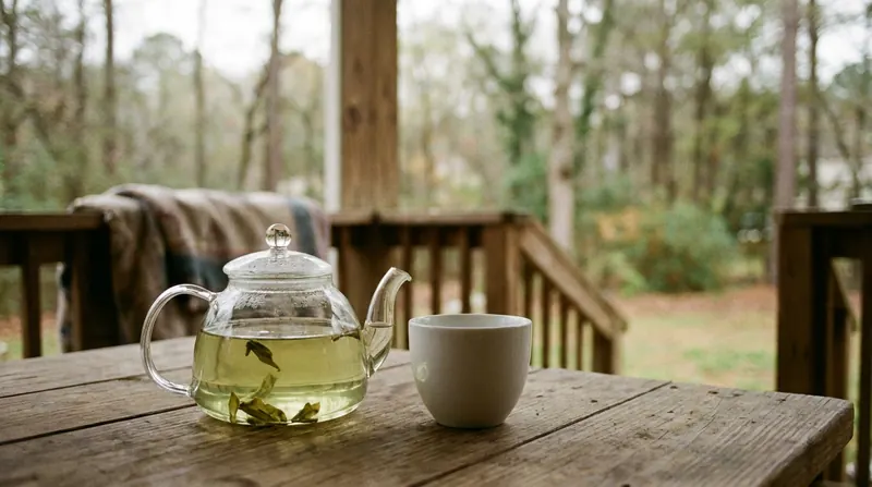 Clear glass teapot of pale green tea with unfurled leaves on a porch table