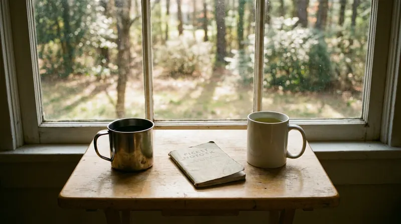 Steel cup of black coffee and a white cup of green tea on either side of a closed notebook
