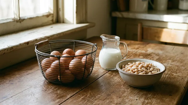 Wire basket of brown eggs beside a glass pitcher of milk and a bowl of white beans