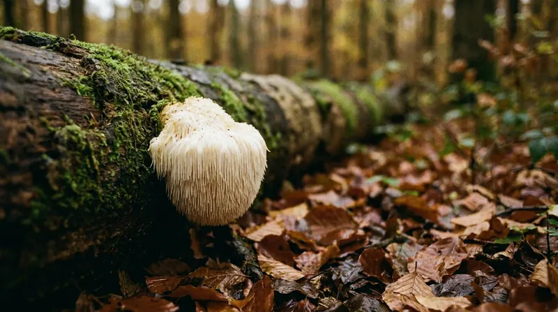 White shaggy mushroom with hanging spines growing from a mossy fallen beech log