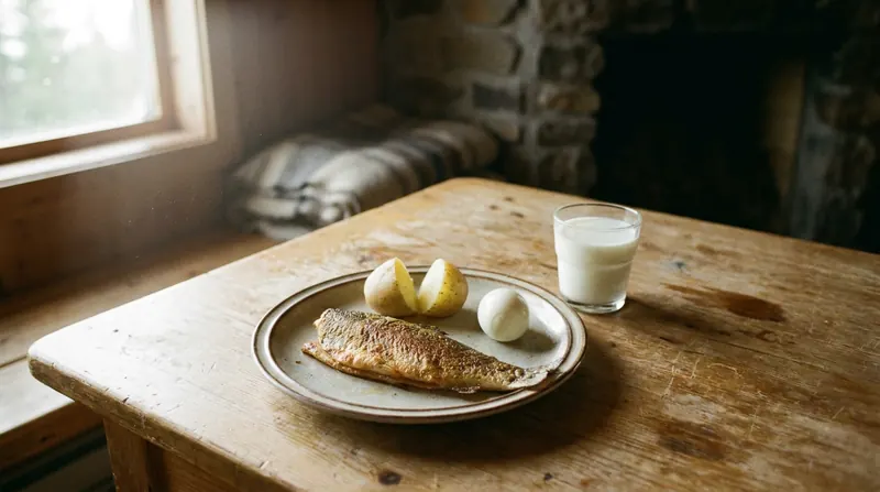 Supper plate of pan-fried trout, a halved potato and a boiled egg beside a glass of milk