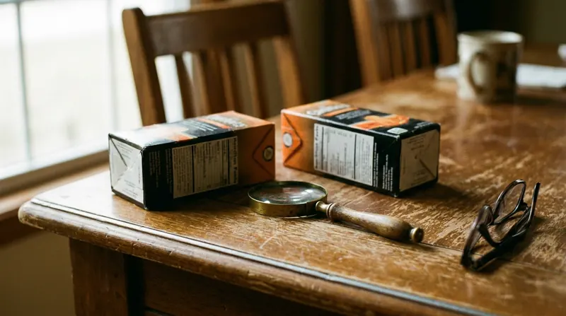 Two small cartons side by side with a brass hand lens between them on a wooden table