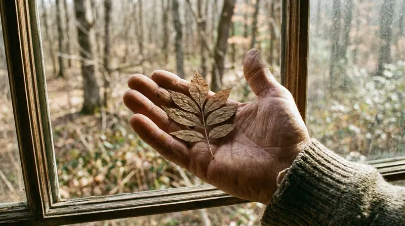 Open palm holding one pressed ash leaf with its paired leaflets by a bright window