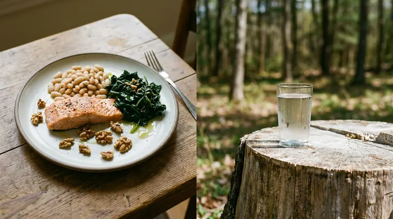 Plate of salmon, beans, greens and walnuts beside a glass of water on an ash stump, split in two