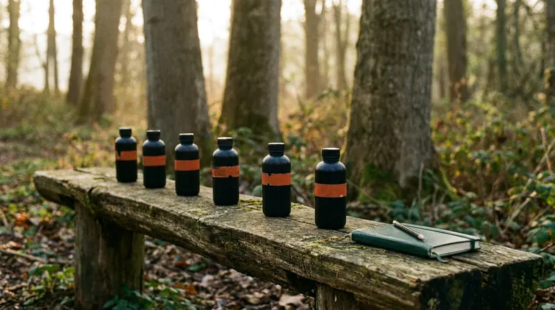 Split log bench at the wood's edge with six small dark bottles standing in a row and a notebook