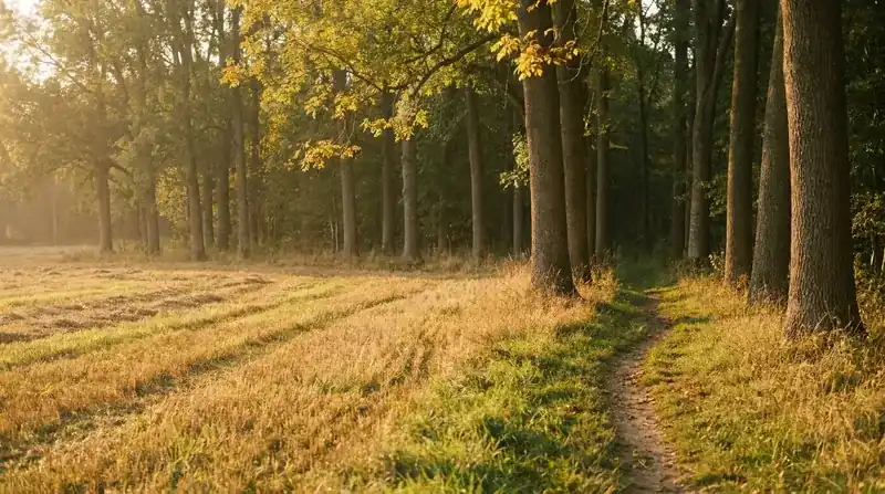 Tall ash trees at the edge of a mown hayfield in low golden light with a path into the grove