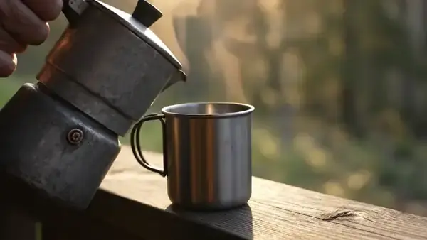 Weathered hand pouring black coffee from a steel percolator into a camp cup on a porch rail