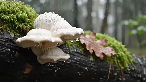 Raindrops falling from the white spines of a mushroom on a wet beech log