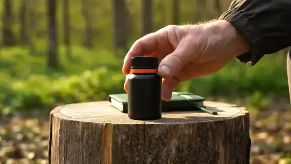 Hand shaking a small dark bottle three times over a split-log bench and setting it down