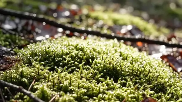 Two fingers gently parting a carpet of green club moss on a forest floor