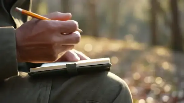Hand writing a few lines in a green pocket notebook and sliding it into a jacket pocket