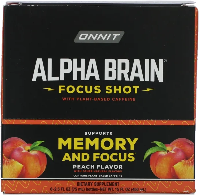 The black and orange carton of Onnit Alpha BRAIN Focus Shot, peach flavor, six bottles